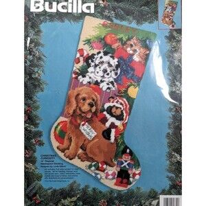 Vintage Bucilla Needlepoint Stocking Kit NIP "CHRISTMAS CURIOSITY" Cat Dogs 18"